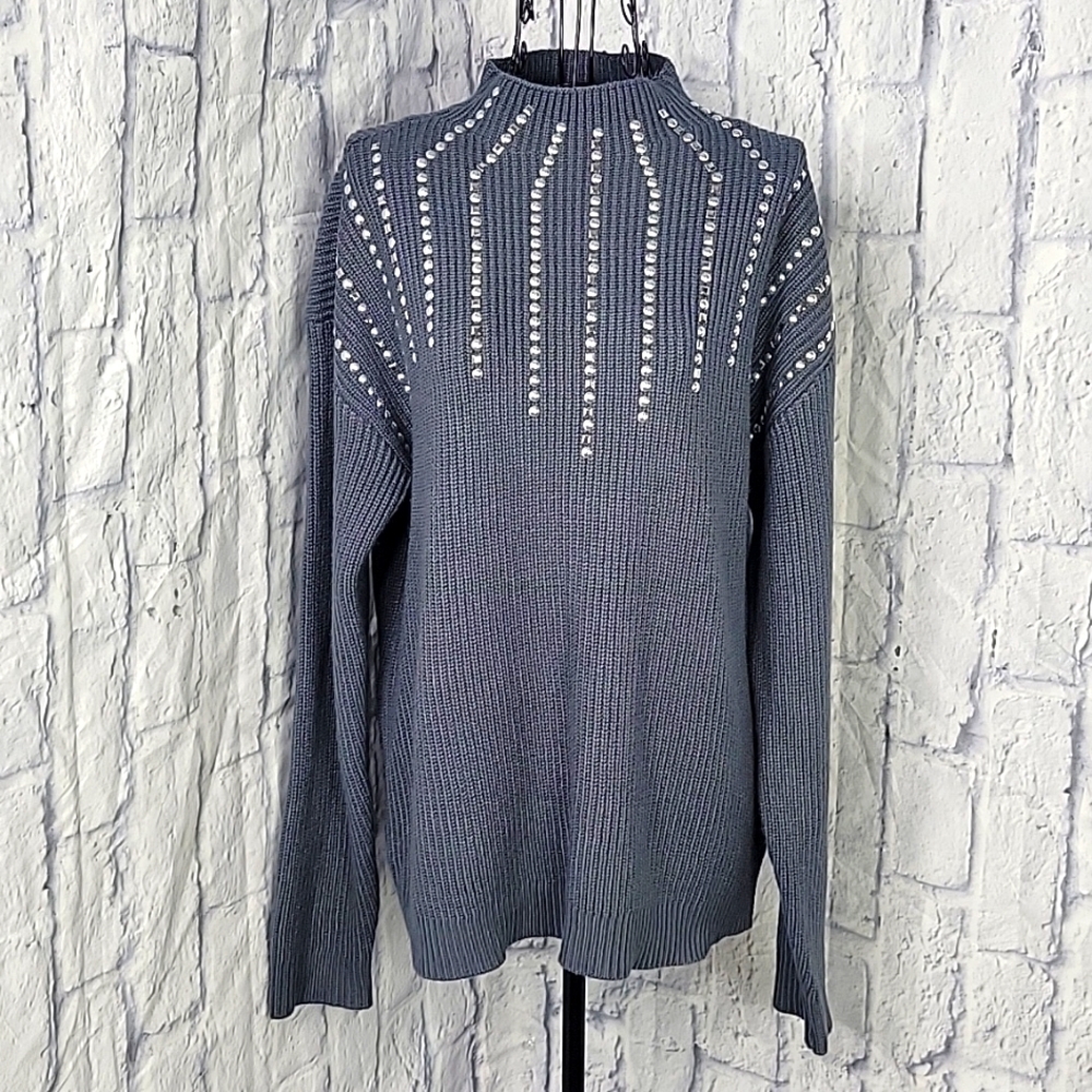 LOVE STORY Silver Beaded Blue Sweater Large